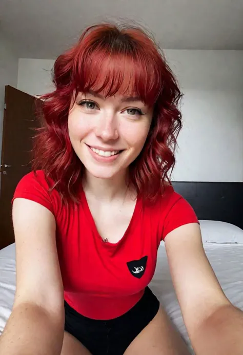 A full-body "Selfie taken with the front camera of an iPhone 15 in a close-up shot." female figure, a smiling and sexy redhead with bangs and wavy hair, dressed in a black and red t-shirt, and black shorts, sitting on a bed, looking at the camera, you can see her perfect breasts. , captured with a blurred background in an elegant hotel room. in leonard style, there is a natural light source illuminating the interior from a window, the background is blurred, the second part in hyper realistic style is made in a special test, by alex1shved, very realistic, rosy skin, beautiful lips and fleshy, smile, feeling of lightness and joy, hyperrealism, highly elaborate skin, direct gaze, by alex1shved