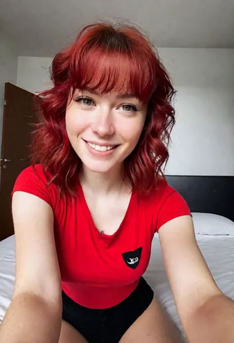 arafed woman in a red shirt sitting on a bed