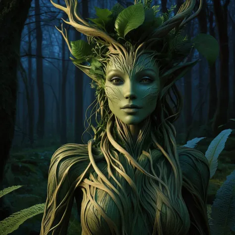 a close up of a woman with a tree head and leaves on her head