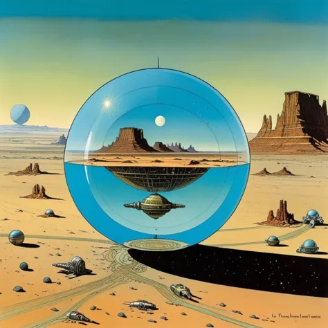 a painting of a futuristic landscape with a spaceship floating in the middle