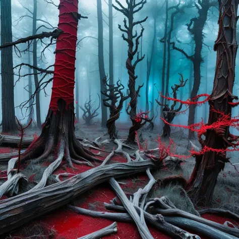 eerie post-apocalyptic forest, mutated luminescent plants, fog, twisted gnarled trees, blood-red moon