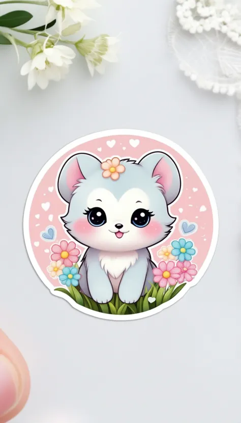 Sticker of a cute, round little animal with big, sparkling eyes and a gentle smile on its face. It has soft, pastel-colored fur. The small critter is surrounded by dainty, heart-shaped flowers in complementary pastel shades, adding to the sticker's overall charm.The white background provides the perfect canvas for this adorable creature, allowing its pastel features to pop and catch the eye. The sticker design exudes a warm and playful energy, making it an endearing addition to any item it adorns.