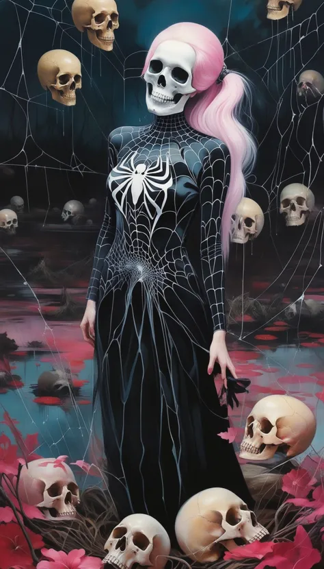 spiderwebs, skulls, wallpaper, there is ugliness in beauty, but there is also beauty in ugliness. desolate, abstract, surrealistic, cotton candy, swamp, funeral, futuristic,in the style of adrian ghenie, esao andrews, jenny saville, edward hopper, surrealism, dark art by james jean, takato yamamoto, inkpunk minimalism