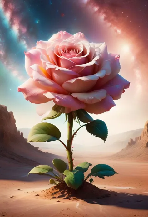 A soft pink rose with opalescent leaves, located in a surreal desert under the light of a binary star system. The dual shadows and contrasting lights create a dreamlike quality, emphasizing the rose's unique beauty.
ais-flowery