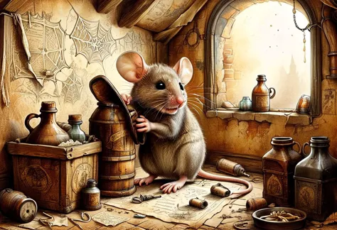 painting of a mouse sitting on a table with a bottle and a knife