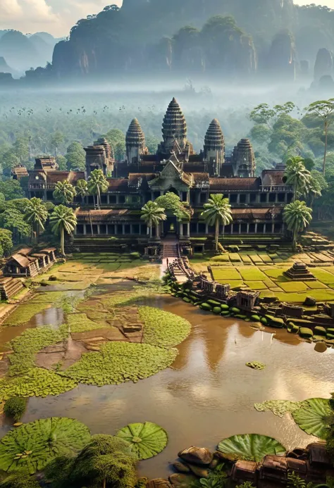 hyperdetailed, hyperrealistic, 8k, high quality, hi res, best quality, high quality, absurd res, natural lighting, intricate, soft warm lighting,
In the heart of a lush valley, surrounded by majestic mountains, lies the Grand City of Angkor Wat,hindu temple,lush vegetation,