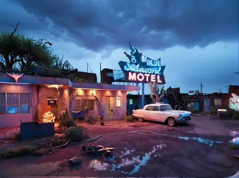 masterpiece, highly detailed, 8k, uhd, sci-fi, fantasy, intricate design, ("Blue Swallow Motel"),route 66, post-apocalyptic, dystopian, crumbling, rusty, overrun with jungle,  vines growing up buildings, ground littered, extremely detailed plants, neon signs, neon paint, graffiti, broken glass, eerie, liminal, realistic, mist, shadows, neon glow, darkness, cracked road, intricate brickwork,