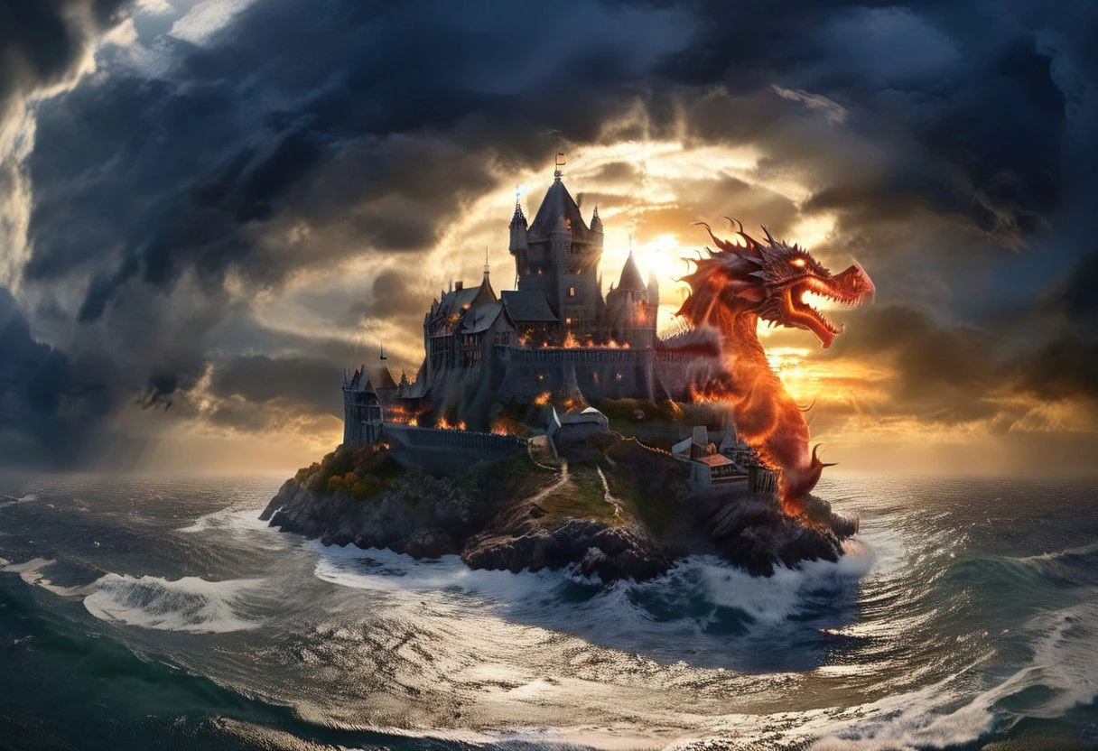 high quality, highly detailed, 8K Ultra HD, incredible light beyond (dark and light clouds that looks like dragon:1.2),  and sun rays, , impressive high dark scottish fantasy high castle on the coast, a frigate navigate toward the Port, stormy sea, burning sky autumn style,