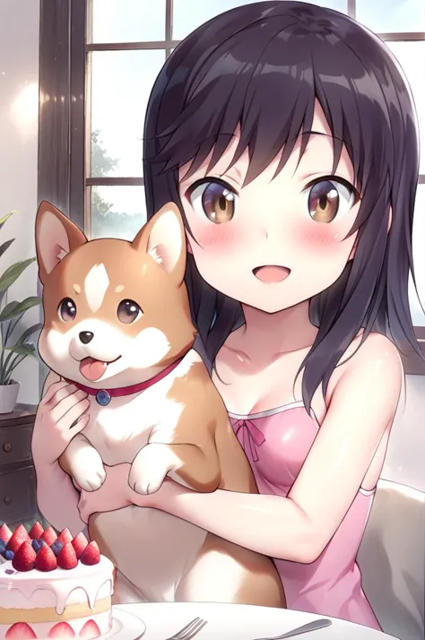 anime girl holding a dog in front of a cake with berries on it