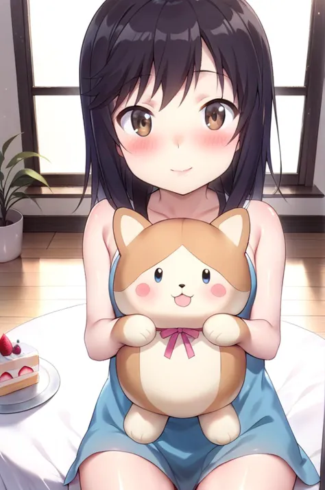 anime girl sitting on a bed holding a stuffed animal