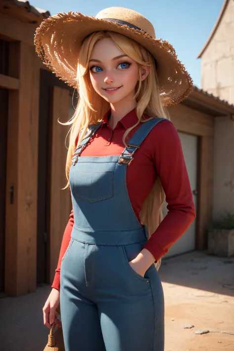 a woman in a hat and overalls poses for a picture