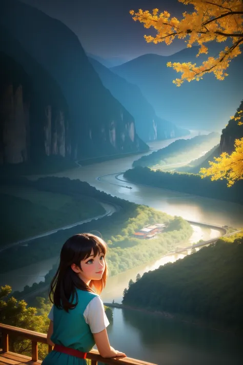 a woman in a blue dress looking out over a valley