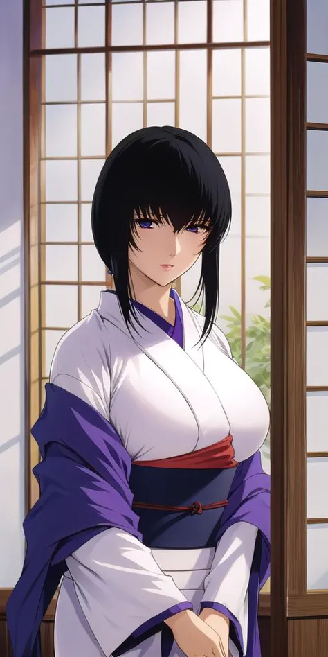 <lora:YukishiroTomoeV3:0.7> yukishiro_tomoe, huge breasts, standing, solo, white_kimono_purple_sash, masterpiece, best quality, detailed face, detailed eyes, highres,