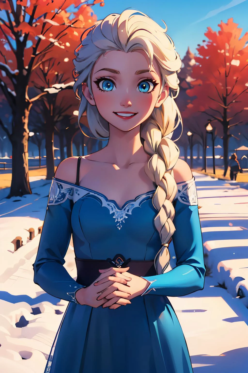 felsa, blue eyes, blonde hair, single braid, cyan dress, long dress, looking at viewer, smiling, standing, outside, snow, field, trees, winter, blue sky, high quality, masterpiece, 