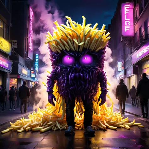 crazy fluorescing monster sized  french fries monster walking down city streets gigantic, in neon colors, future art , subsurface scattering, ultra hd, 4k, high def, Photorealistic, Hyperrealistic, Hyper detailed, analog style, realistic, masterpiece, best quality, ultra realistic, 8k, Intricate, High Detail, film photography, soft lighting, heavy shadow,  <lora:WildcardX-XL-Detail-Enhancer:1.5> <lora:xl_more_art_full_v1:0.8> <lora:LORA_XenoDetailer_v3:0.8> <lora:Engulfed_By_any_color:0.8> Engulfed BY black, Engulfed BY purple, Engulfed BY yellow, Engulfed BY color