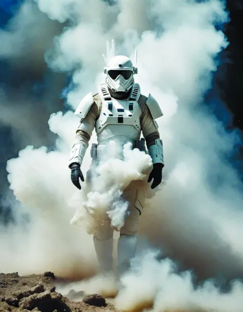 a futuristic combat medic wearing white battle armour emerging from smoke battlefield,colour photograph 35mm Engulfed <lora:Engu...