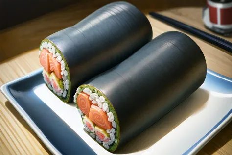 <lora:flat2:-1>, <lora:duct_tape:1>, duct:1.4, What appeared to be sliced sushi rolls turned out to be linked duct. I must have looked at duct too much; it seems like my mind played tricks on me.