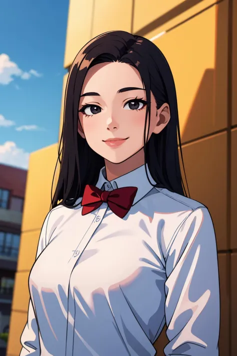 (best quality:1.4),(masterpiece:1.4),(8K:1.4),(extremely detailed:1.4),1girl,solo,long hair,shirt,looking at viewer,white shirt,collared shirt,black eyes,smile,bow,red bow,closed mouth,portrait,black hair,bowtie,black bowtie,upper body,cloud,sky,shiny,shin...