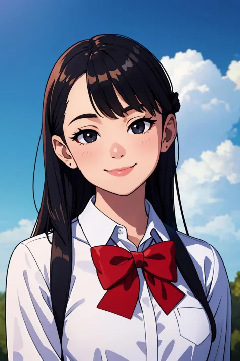 (best quality:1.4),(masterpiece:1.4),(8K:1.4),(extremely detailed:1.4),1girl,solo,long hair,shirt,looking at viewer,white shirt,collared shirt,black eyes,smile,bow,red bow,closed mouth,portrait,black hair,bowtie,black bowtie,upper body,cloud,sky,shiny,shin...