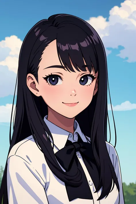 (best quality:1.4),(masterpiece:1.4),(8K:1.4),(extremely detailed:1.4),1girl,solo,long hair,shirt,looking at viewer,white shirt,collared shirt,black eyes,smile,bow,black bow,closed mouth,portrait,black hair,bowtie,black bowtie,upper body,cloud,sky,shiny,sh...