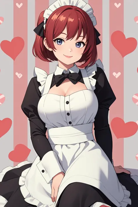 masterpiece, best quality, hires, 1girl, maid, large breasts, smile, stripes and hearts pattern background
