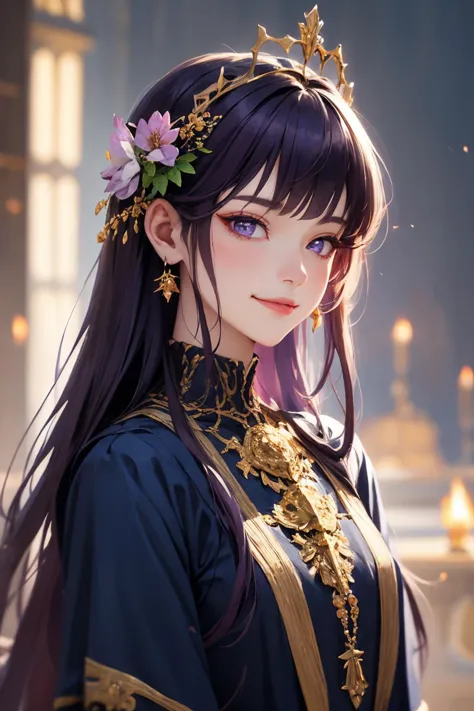 (masterpiece, best quality), intricate details, beautiful girl, purple hair, blunt bangs, light purple eyes, sharp jawline, Fair...