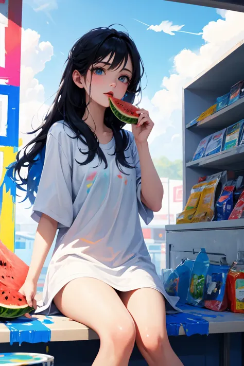 the girl is sitting idle in the convenience store, blowing the fan, eating watermelon, the blue sky is floating with white cloud...