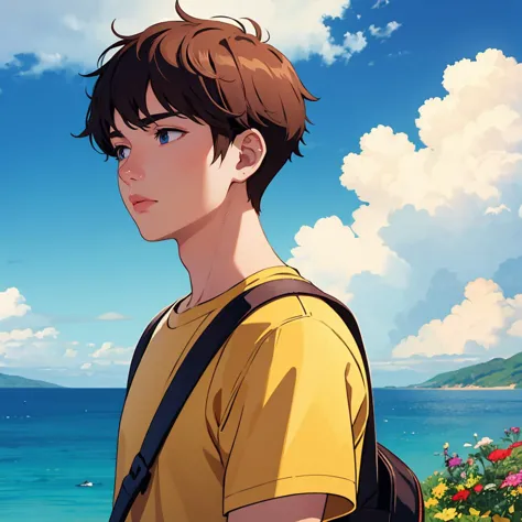 (best quality:1.4),(masterpiece:1.4),(8K:1.4),(extremely detailed:1.4),1boy,bag,blue sky,sea,cloud,cloudy sky,day,flower,