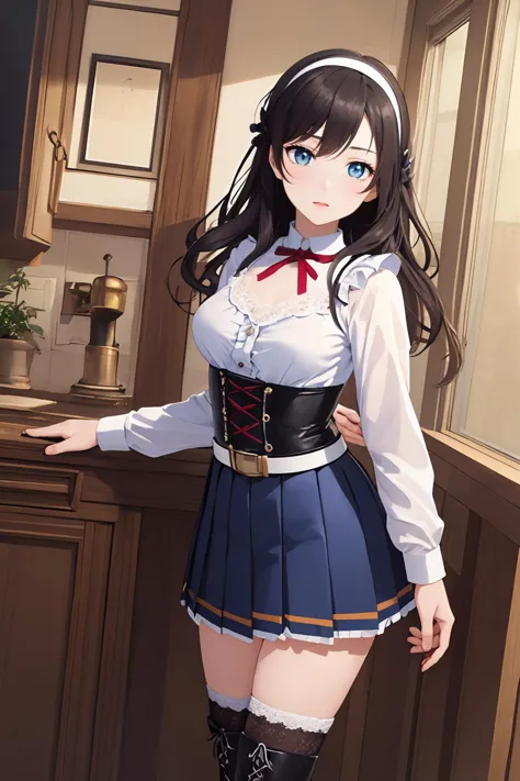 (best quality:1.4),(masterpiece:1.4),(waist up:1.6),1girl,solo,extremely detailed eyes,hairband,blue eyes,shirt,center frills,be...