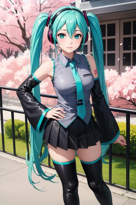 (best quality:1.4),(masterpiece:1.4),(photorealistic:1.4),(ultra high res, raw photo:1.4),(hdr, hyperdetailed:1.2),hatsune miku,pointing up,large pectorals,spread fingers,highres,light and shadow  snowing,hand on another's face,cherry blossoms,hand on hip,...