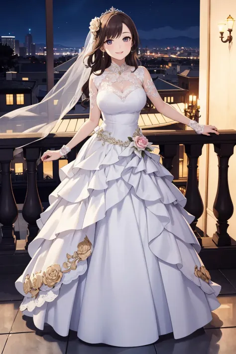 (masterpiece:1.2, best quality),crystal rose sona,1girl,wedding dress,dress,large breasts,flowing dress,smile,full body,ballroom,balcony,night,intricate detail,