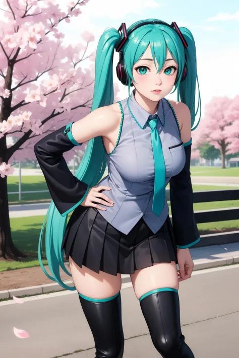 (best quality:1.4),(masterpiece:1.4),(photorealistic:1.4),(ultra high res, raw photo:1.4),(hdr, hyperdetailed:1.2),hatsune miku,pointing up,large pectorals,spread fingers,highres,light and shadow snowing,hand on another's face,cherry blossoms,hand on hip,p...