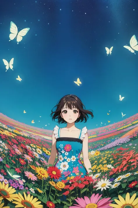 abstract art,(style of Yuko Shimizu:1.3),(colorful theme:1.1),colorful theme,colorful butterflies,colorful stars,1girl,field of colorful flowers,facing viewer,