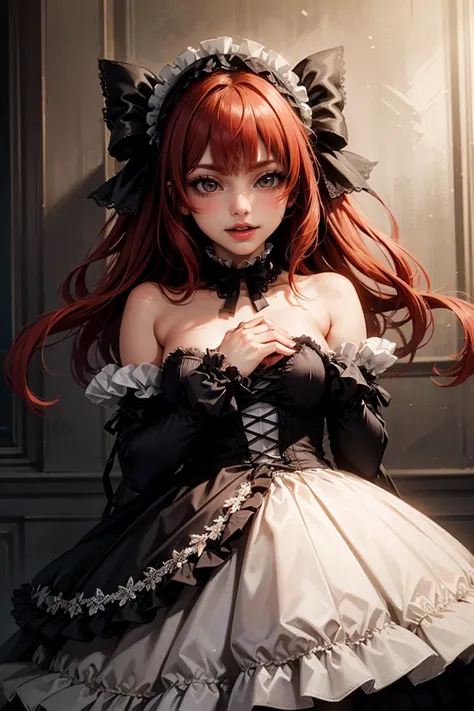 (masterpiece, best quality), 1girl, red hair, medium chest, gothic frill dress, pervert face,