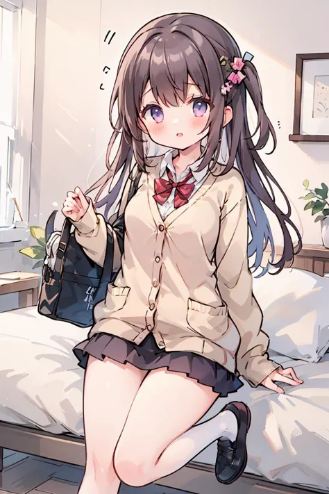 anime girl sitting on a bed with a purse and a handbag