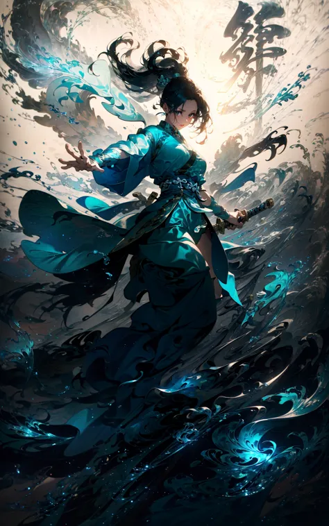 a woman in a blue dress is floating in the water