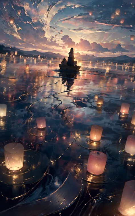 sky lanternmasterpiece, best quality, 32k uhd, insane details, intricate details, hyperdetailed, hyper quality, high detail, ultra detailed, Masterpiece, (Real waterRealistic waterflowing water:1.1)ripples  pink sky,
A whimsical sight of paper lanterns floating against the twilight sky, captured in a wide view by Tim Walker.    The lanterns cast a warm glow, creating a dreamlike tableau that melds tradition with beauty, i can't believe how beautiful this is, dream-like atmosphere
<lora:~Q?-[Tfpo sky lantern:0.8>