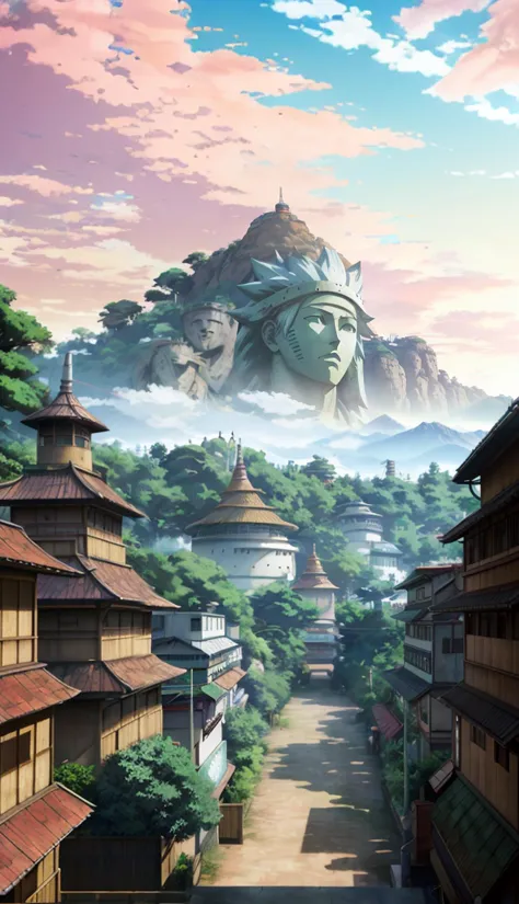 masterpiece, best quality, highres, the greatest details, 8k, UHD, HD, realistic, side lighting, wallpaper, photography, konohavillage, cable, tree, head statues of hokage at mountain, flower, at dawn, zebra cross, cloudy sky, cloud, pastel color, <lora:ARWKonohaVillage:1>,