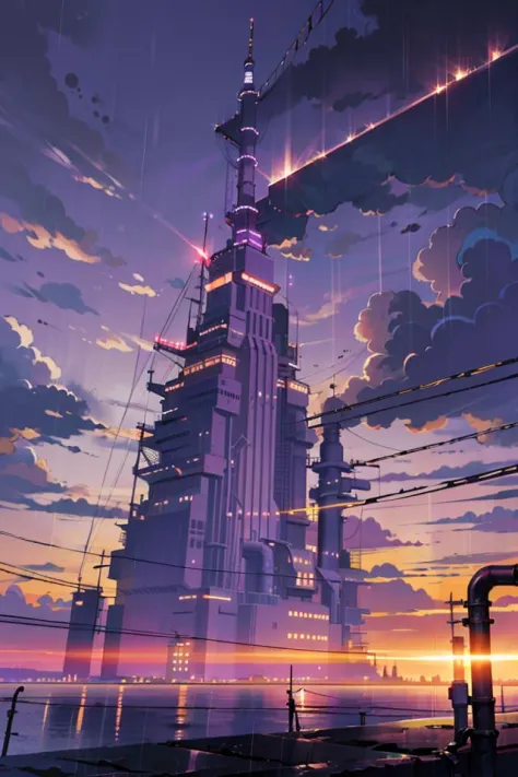 lanscape, amegakure  buildings, towers, dawn, cables, heavy rain, purple sky cloud, pipes, electricity, fog, cloudy sky, anime style, ghibli style,  ray of lights, <lora:ARWAmegakure:1>