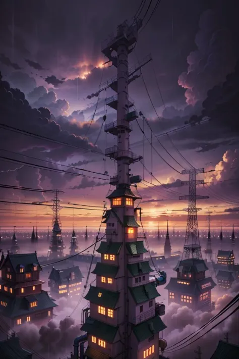lanscape, amegakure  buildings, towers, dawn, cables, heavy rain, purple sky cloud, pipes, electricity, fog, cloudy sky, anime style, ghibli style,  ray of lights, <lora:ARWAmegakure:1>