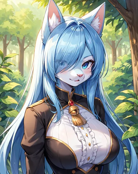 score 9, score 8 up, 1girl, masterpiece, upper body,  outdoors, clothes,, long hair, blue hair, blue eyes, cat anthro, furry, hair over one eye, breasts,