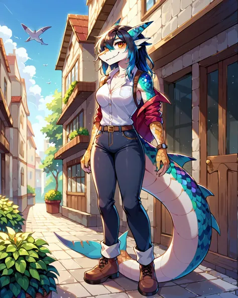 score 9, score 8 up, 1girl, masterpiece, <lora:MegaScalyPony:1>, MegaScalyPony, scales, , scalie, anthro shark, clothes, outdoors