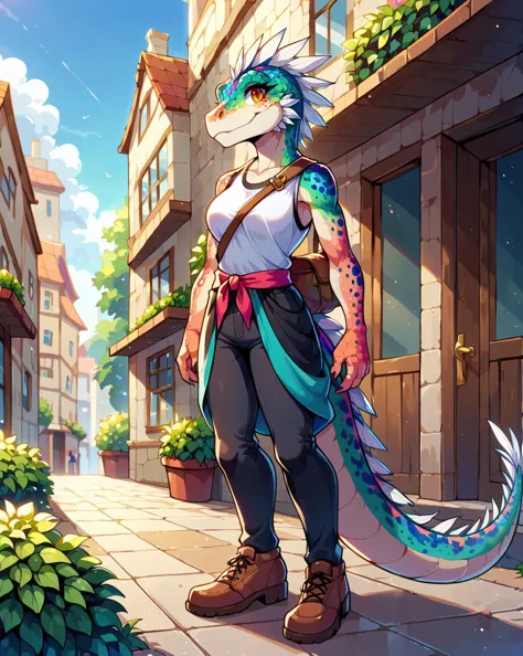 score 9, score 8 up, 1girl, masterpiece, <lora:MegaScalyPony:1>, MegaScalyPony, scales, , scalie, anthro dinosaur, clothes, outdoors