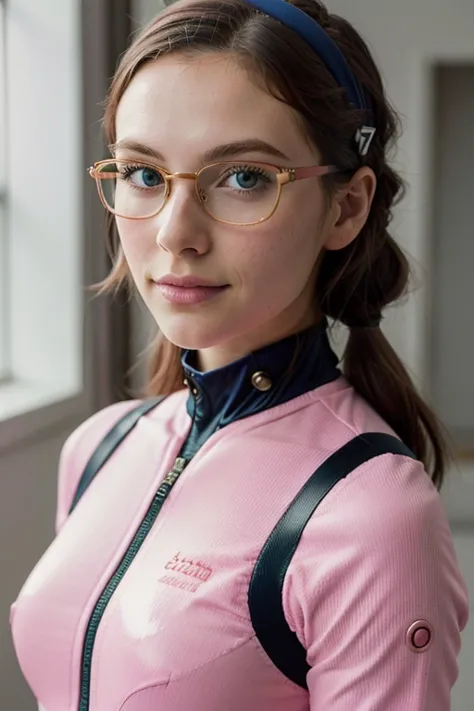 a woman wearing glasses and a pink jacket standing by a window