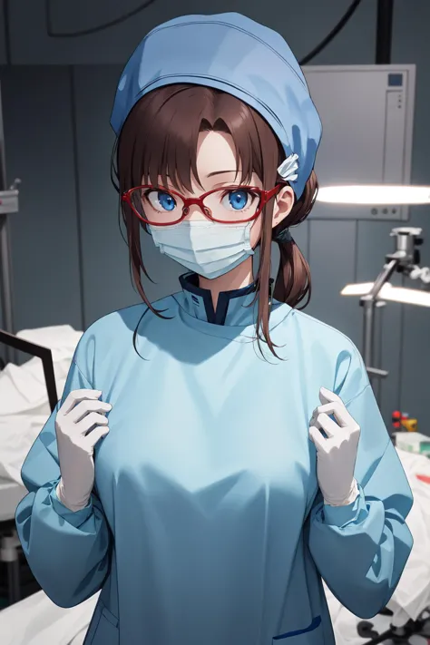 a close up of a person wearing a surgical mask and gloves