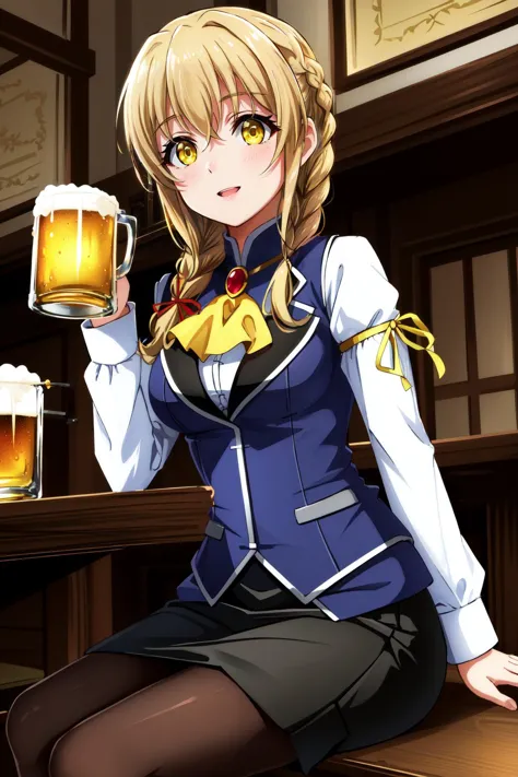 a woman sitting on a bar holding a glass of beer