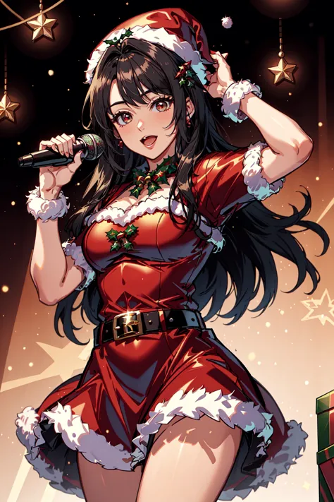 <lora:SantaOverlordsStyle:0.8> Santa Overlords Style, 1girl, solo, long hair, black hair, hat, dress, belt, red dress, christmas, microphone, santa hat, santa costume, realistic