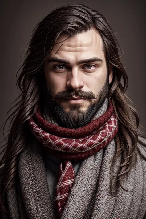 a close up of a man with long hair wearing a scarf