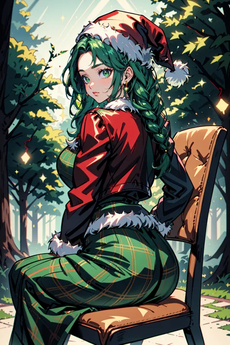 a woman sitting on a bench in a forest with a santa hat