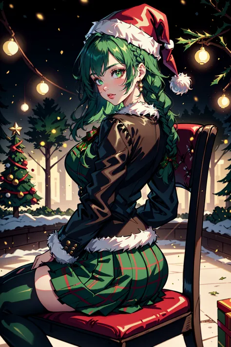 anime girl sitting on a chair in a christmas scene